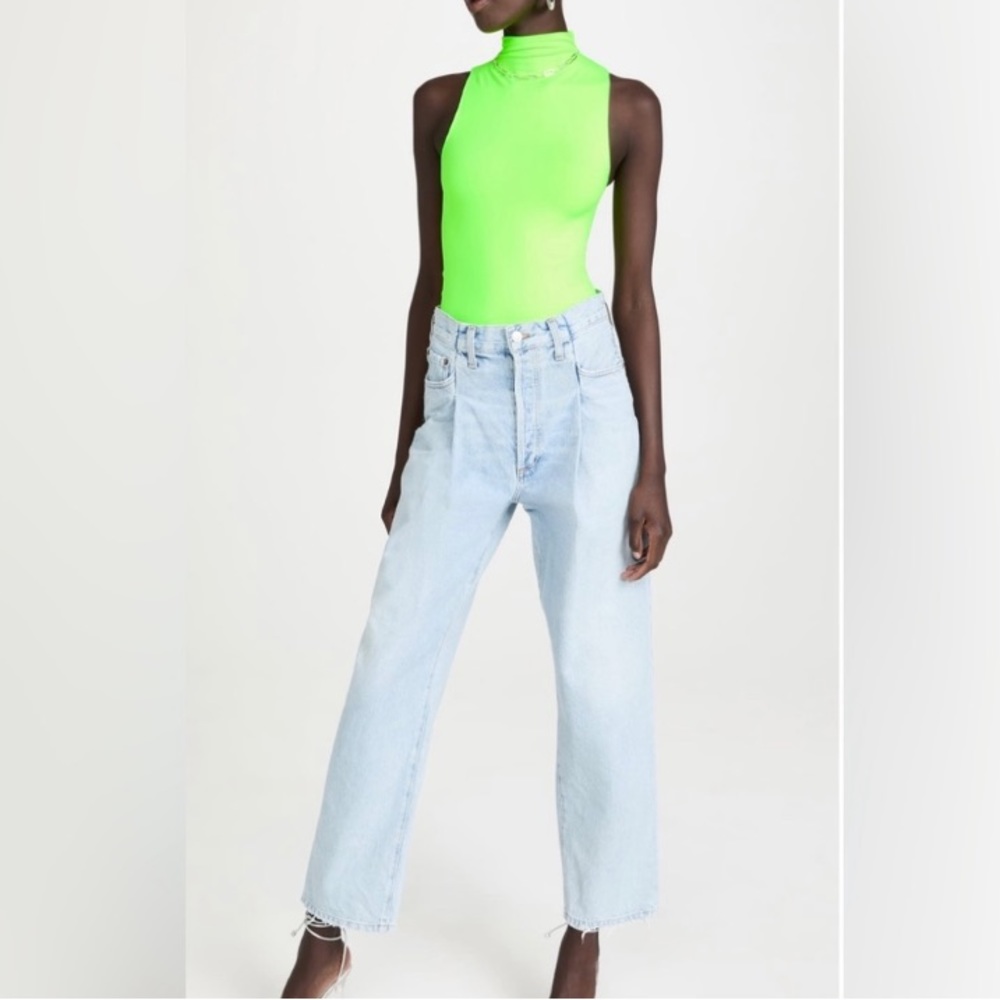 Good American bodysuit funnel neck electric lime neon green top mock neck